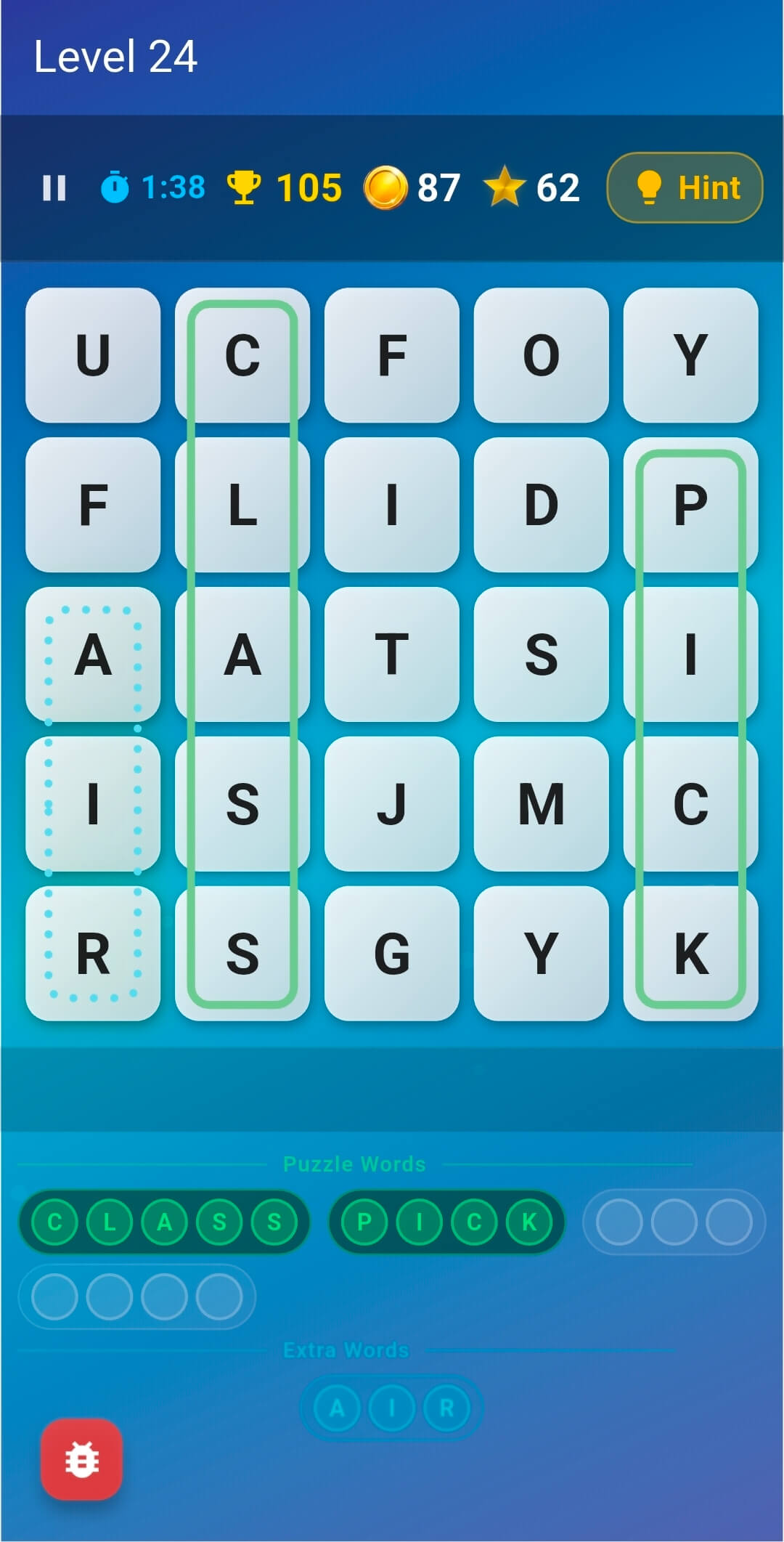 Word Explosion letter grid puzzle on tablet